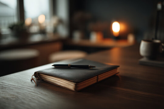 Journal pen wooden desk soft light cozy room moody tone calm workspace with notebook and warm lamp glow in background