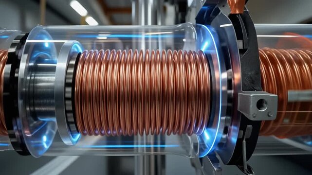 Detailed Electromagnetic Copper Coil with Blue Energy Glow Inside a High-Tech Research Reactor