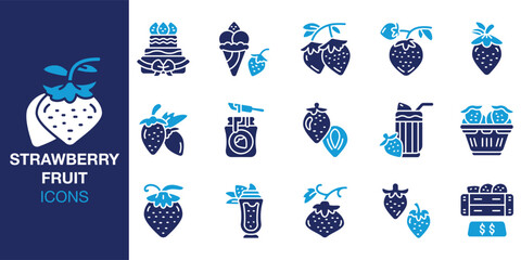 Strawberry Fruit icon set. Containing strawberry, fresh, fruit, berry, food and more. Solid vector icons collection. Vector illustration. © Vactory_Icons