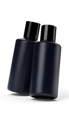Two sleek dark blue cosmetic bottles with black caps, ideal for luxury skincare, shampoo, or conditioner product mockups and branding designs on a clean white background.