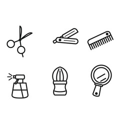 Fototapeta premium Set of 6 black line icons - hairdressing tools, vector