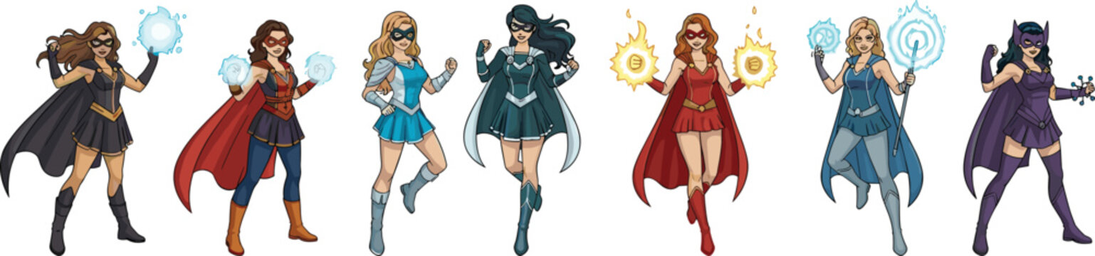 Vector illustration of diverse female superheroes with magical powers, capes, and energy effects for fantasy and creative artwork 