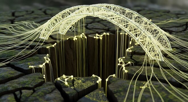 Abstract glowing bridge structure connecting broken ground with light trails and nodes