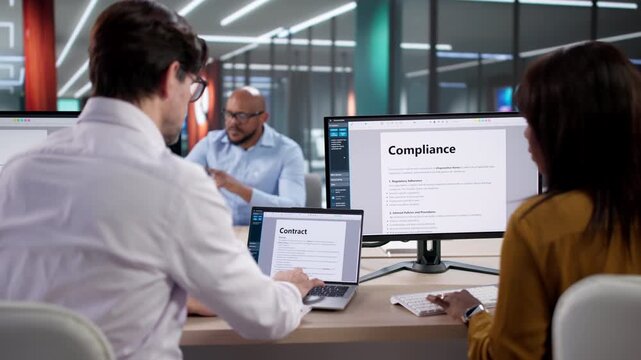 Compliance Team Reviewing Documents On Computers