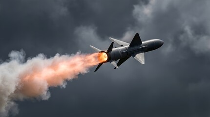 A modern missile streaks through a stormy sky leaving a trail of fire and smoke.