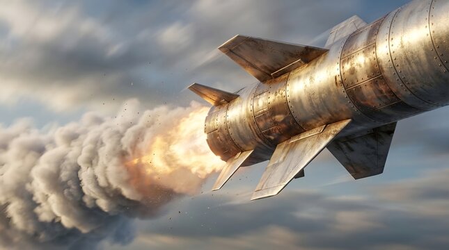 Closeup of a missile launching with fiery exhaust and smoke against a cloudy sky.