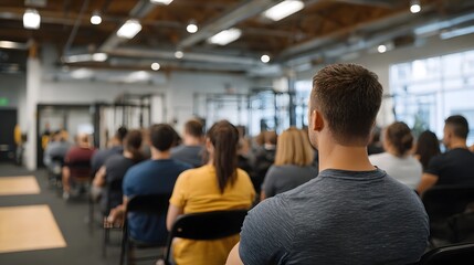 Obraz premium A group of people attending a corporate meeting or presentation in a spacious modern gym like facility