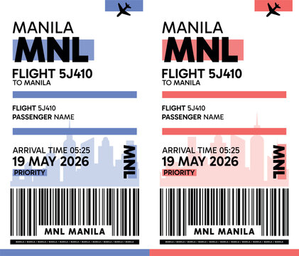 MNL, Manila, Philippines luggage label, boarding pass template. Vector minimalist illustration with airport code, city destination, flight info. Flat, modern image layout
