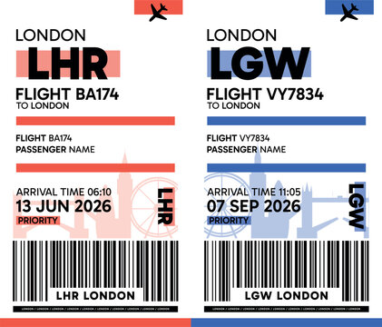 LHR, LGW, London, UK luggage label, boarding pass template. Vector minimalist illustration with airport code, city destination, flight info. Flat, modern image layout