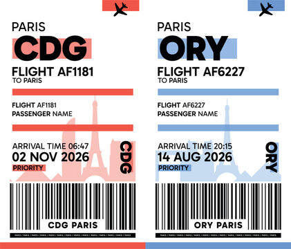 CDG, ORY, Paris, France luggage label, boarding pass template. Vector minimalist illustration with airport code, city destination, flight info. Flat, modern image layout