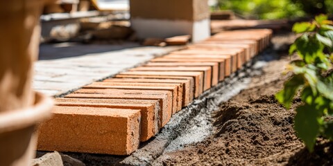 Red Bricks Laid in a Row on Ground Ready for Construction Project