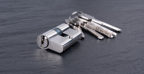 Fototapeta premium Keys and lock cylinder for door lock. Pin tumbler components ready to replace or repair