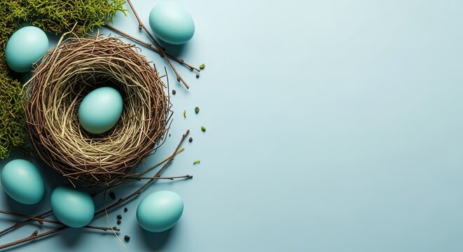 Easter sunday celebration with blue easter eggs in a bird's nest on a mossy background