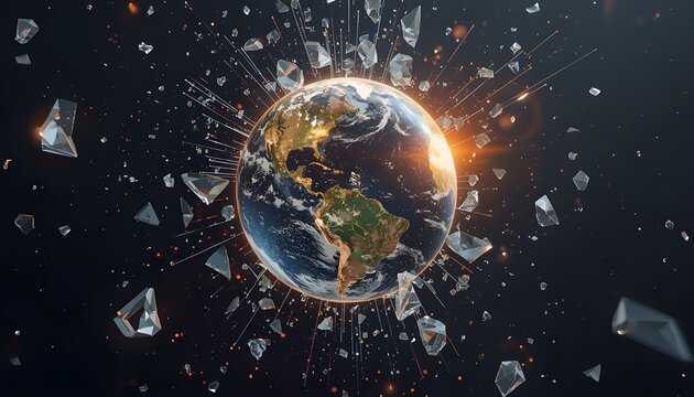 Shattering Crystalline Earth Globe into Glowing Digital Fragments - Global Instability Crisis