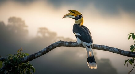 A magnificent Rhinoceros Hornbill perched high in the rainforest canopy. Its striking curved casque and bold coloration make it one of Southeast Asia’s most iconic birds. A powerful representation of 