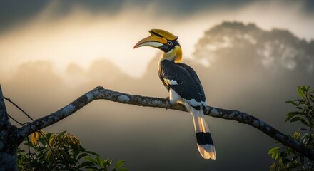 A magnificent Rhinoceros Hornbill perched high in the rainforest canopy. Its striking curved casque and bold coloration make it one of Southeast Asia’s most iconic birds. A powerful representation of 