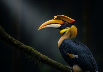 Obraz premium A commanding portrait of the Rhinoceros Hornbill, one of Southeast Asia’s most iconic birds. The glowing casque contrasts boldly against the darkness, representing tropical majesty and conservation aw