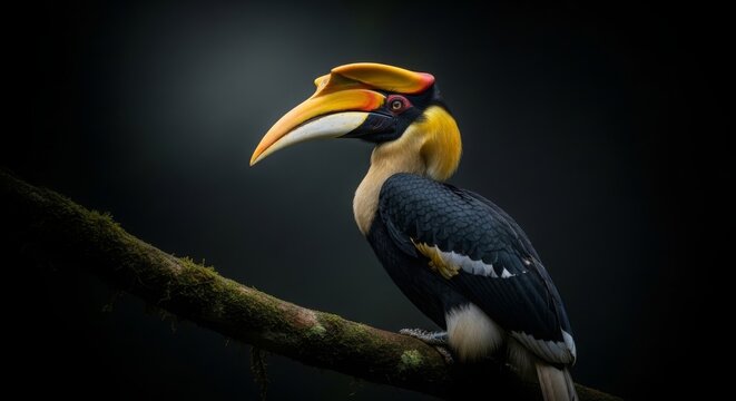A commanding portrait of the Rhinoceros Hornbill, one of Southeast Asia&rsquo;s most iconic birds. The glowing casque contrasts boldly against the darkness, representing tropical majesty and conservation aw