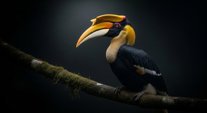A majestic Rhinoceros Hornbill portrayed in dramatic low light, its iconic casque glowing under a focused spotlight. Set against a nearly black rainforest background, the image radiates authority, rar