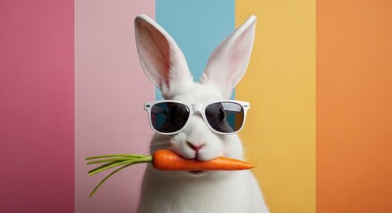 Obraz premium Easter sunday fun with cool easter bunny wearing sunglasses holding carrot