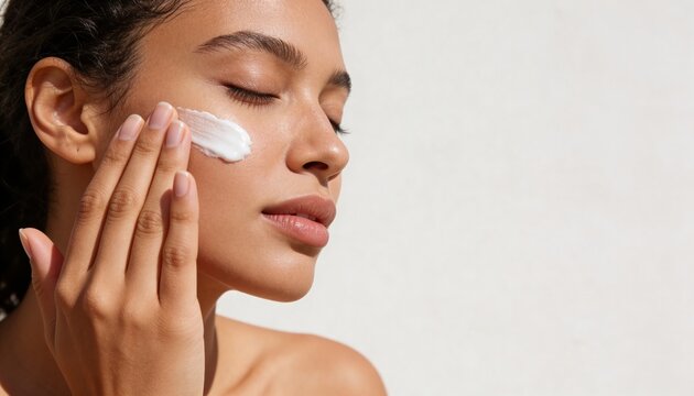Young woman applying moisturizer cream on her face