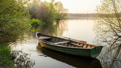 Obraz premium Serene Lake Scene with Small Rowboat.