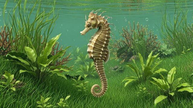 Seahorse Swimming in Oceanic Seaweed Forest.