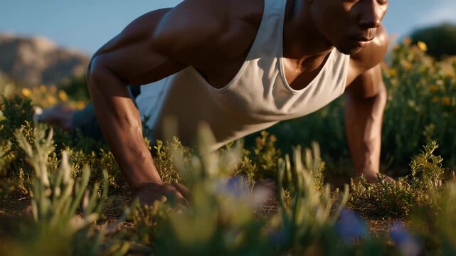 347Faceless person performing push-ups outdoors, early morning light, natural environment