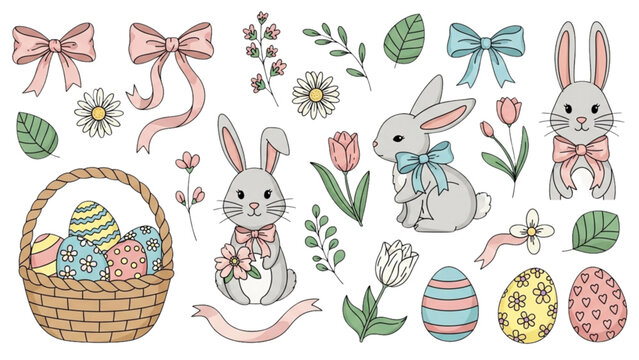 Easter bunnies with decorated eggs and flowers in a basket