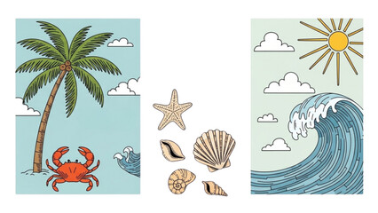 Obraz premium A serene beach scene with a palm tree, crab, shells, and wave under sunny skies.