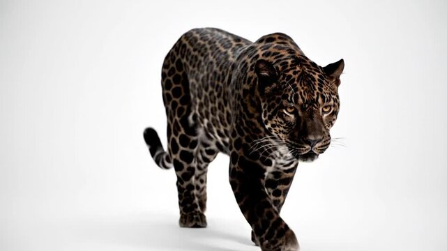 Melanistic jaguar walking towards viewer isolated on white background