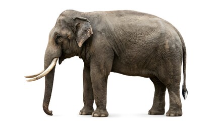 Obraz premium Majestic adult male asian elephant standing in profile view showcasing its impressive large ivory tusks against a clean white background ideal for nature concepts