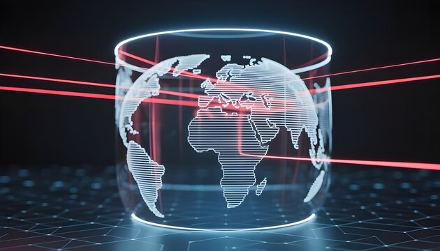 Translucent Cyber Shield Protecting Glowing Digital World Map - National Defense Concept