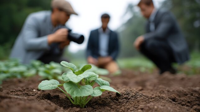Professionals observe and document a young plant s growth in an agricultural field