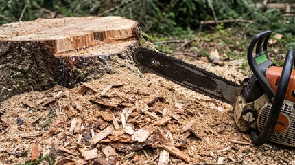 Chainsaw cutting scene with freshly cut tree stump and wood shavings in forest setting