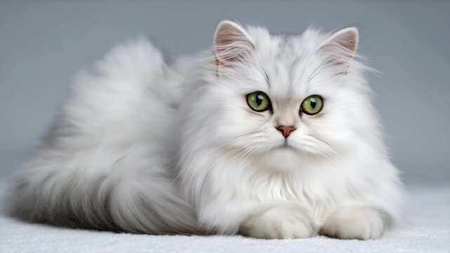 376Close-up of a fluffy Persian cat sitting gracefully, isolated on a pure white background, long soft fur, bright expressive eyes, subtle shadow beneath for depth, realistic studio l