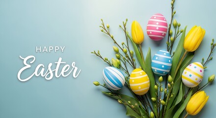 Obraz premium Happy easter sunday with colorful eggs and tulips bouquet decoration