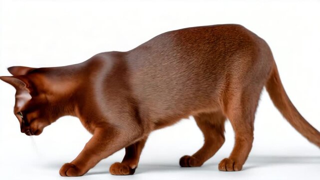 383Elegant Abyssinian cat standing alert, isolated on white background, short reddish-brown coat, sharp almond-shaped eyes, minimal shadow, realistic fur texture