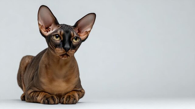 385Sphynx cat sitting with alert expression, isolated on white background, wrinkled skin visible, large ears, clean shadow, minimalist studio lighting emphasizing texture