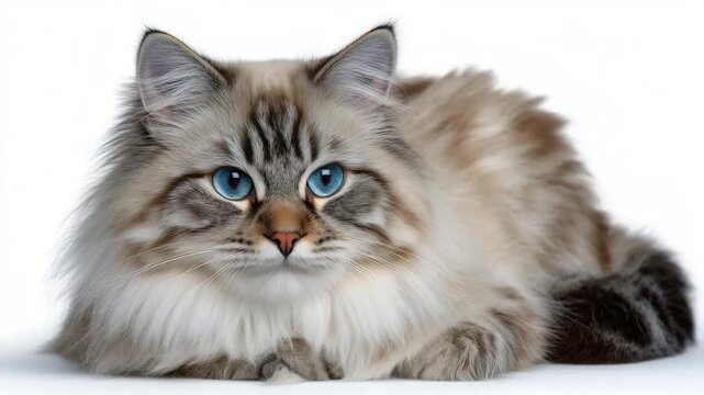 387Long-haired Ragdoll cat lounging, isolated on white background, fluffy cream and gray coat, striking blue eyes, relaxed pose, soft diffuse shadow beneath