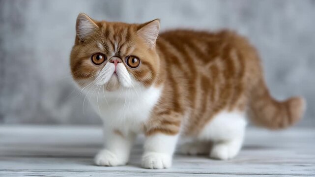 388Exotic Shorthair cat standing, isolated on white background, flat round face, short plush fur, bright expressive eyes, clean minimalist composition