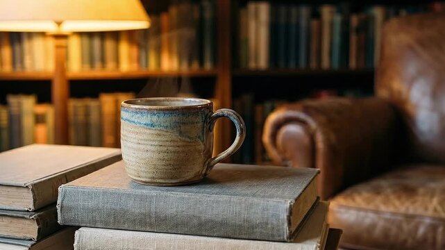 Cozy reading nook with ceramic mug and vintage book on wooden table in quiet library warm lamp light leather armchair beside bookshelf for relaxation self care study literature and knowledge