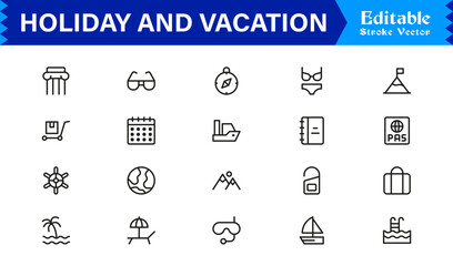 Holiday and Vacation Essentials – Professional Line Icon Set for Modern Travel Themes © MDSalim