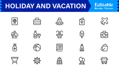 Holiday and Vacation Essentials – Professional Line Icon Set for Modern Travel Themes © MDSalim