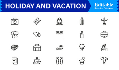 Holiday and Vacation Essentials – Professional Line Icon Set for Modern Travel Themes © MDSalim