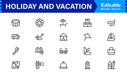 Holiday and Vacation Essentials – Professional Line Icon Set for Modern Travel Themes © MDSalim