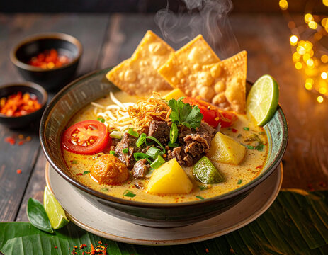 Soto Betawi Daging Sapi Kuah Santan dengan Emping dan Jeruk Limau