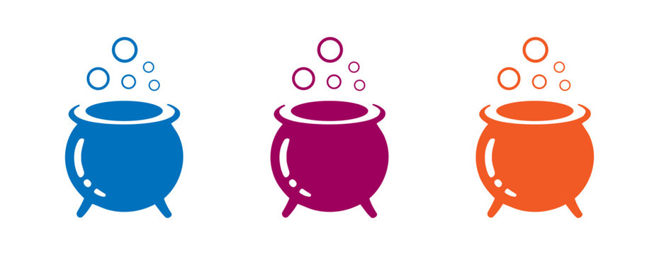Colorful cauldrons with bubbles illustrating a magical potion brewing process
