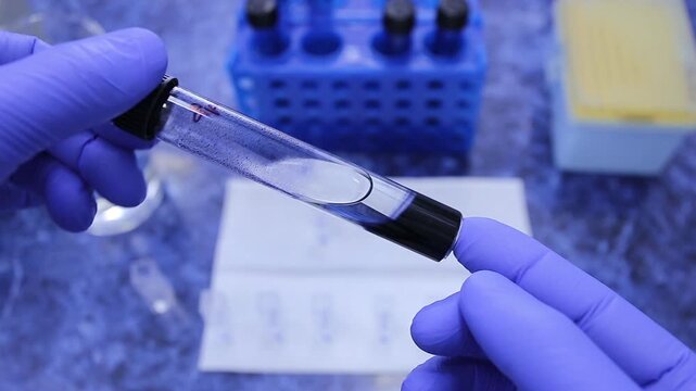 A scientist holds a test tube with pure oil and twirls it in his hands against the background of laboratory equipment.