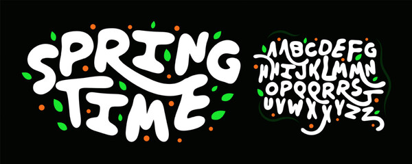 Fototapeta premium Spring Summer Font Logo Alphabet Rounded Letter Set Modern Typography, Art Festival Typographic Design for Child Birthday Title Text, Farm Cozy Typo Headline, Organic Food Fonts. Vector Typeface